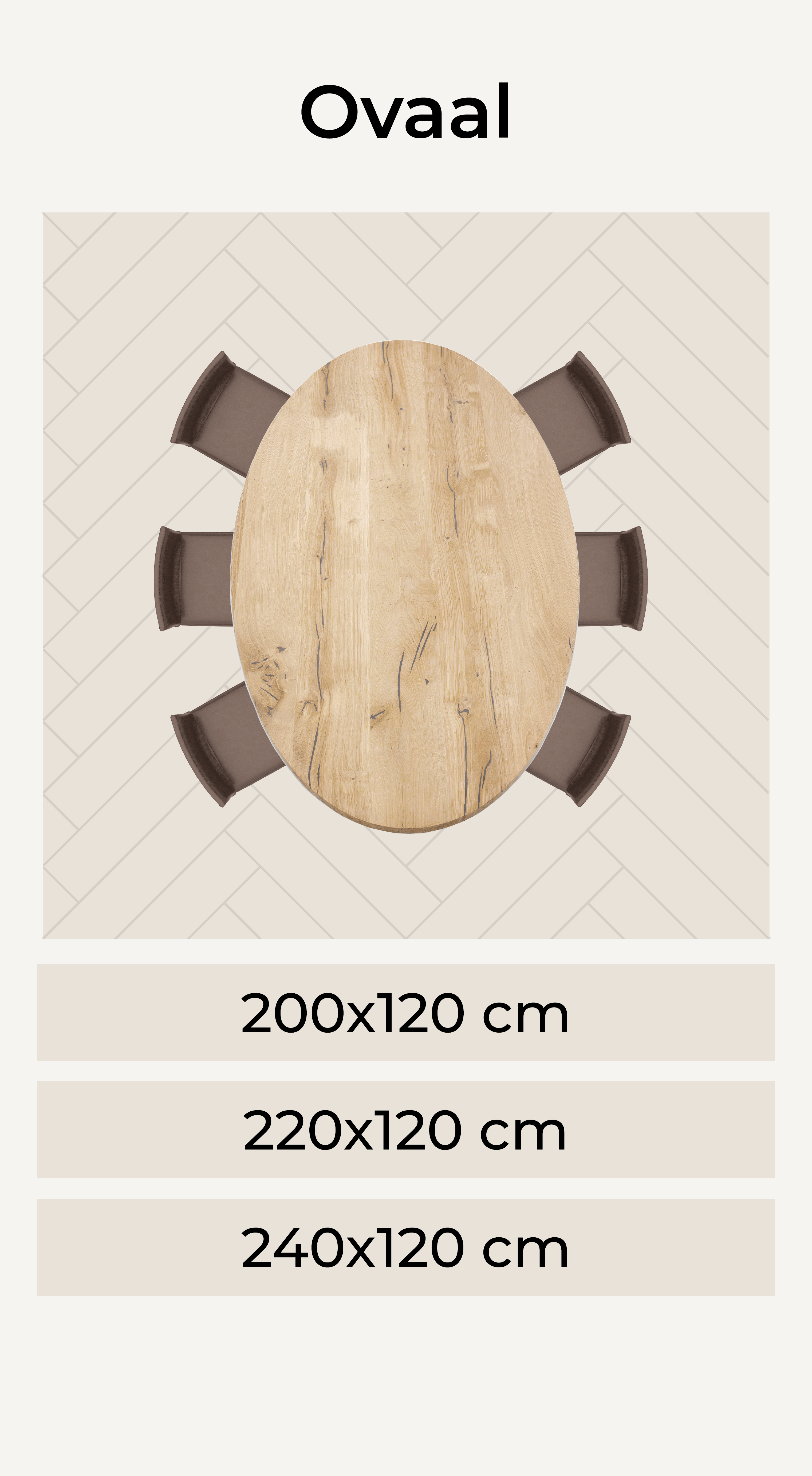 Visuele weergave ovale eettafel 6 personen met afmetingen eronder van De Vloerenfabriek