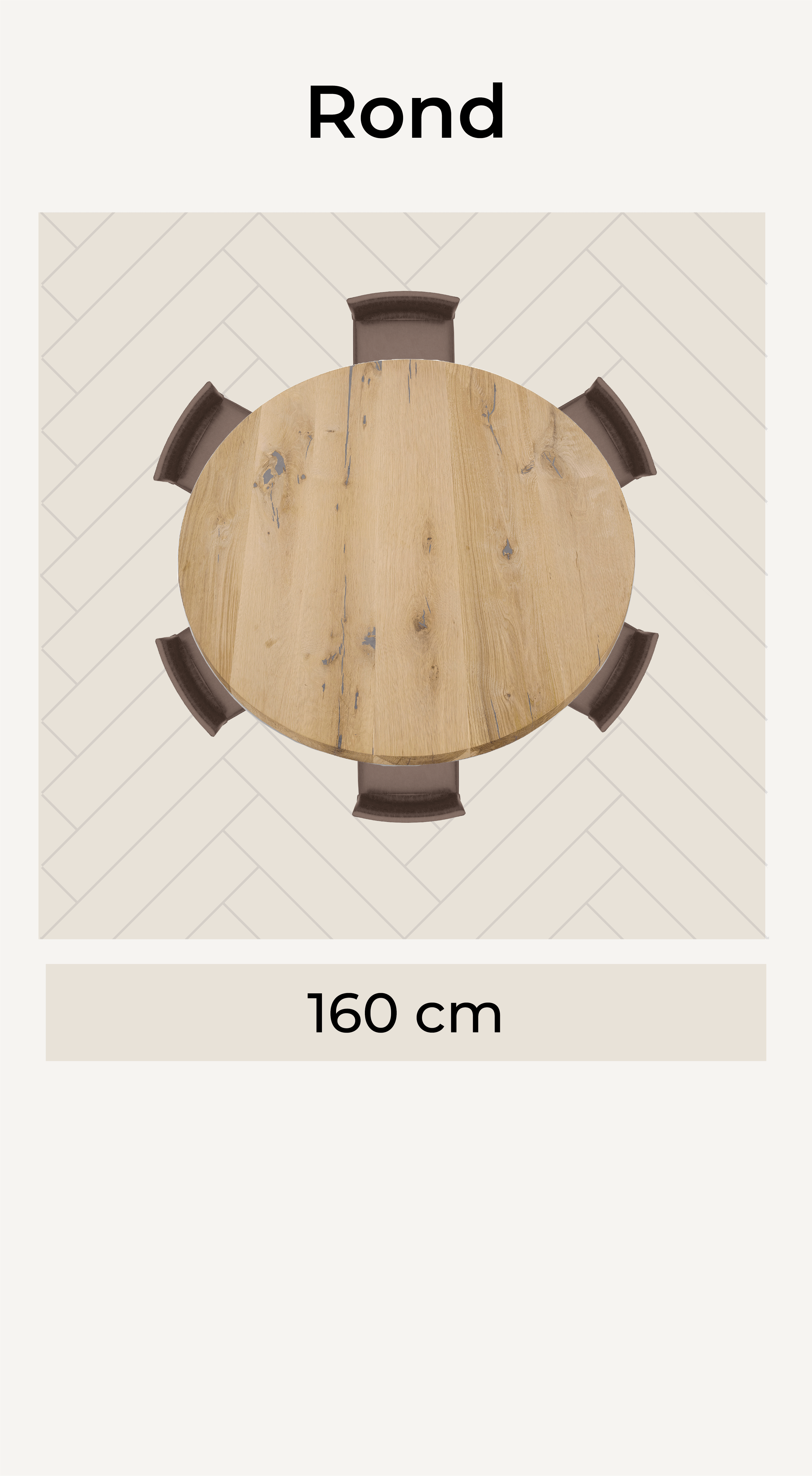 Visuele weergave ronde eettafel 6 personen met een afwijkende opstelling en met afmetingen eronder van De Vloerenfabriek