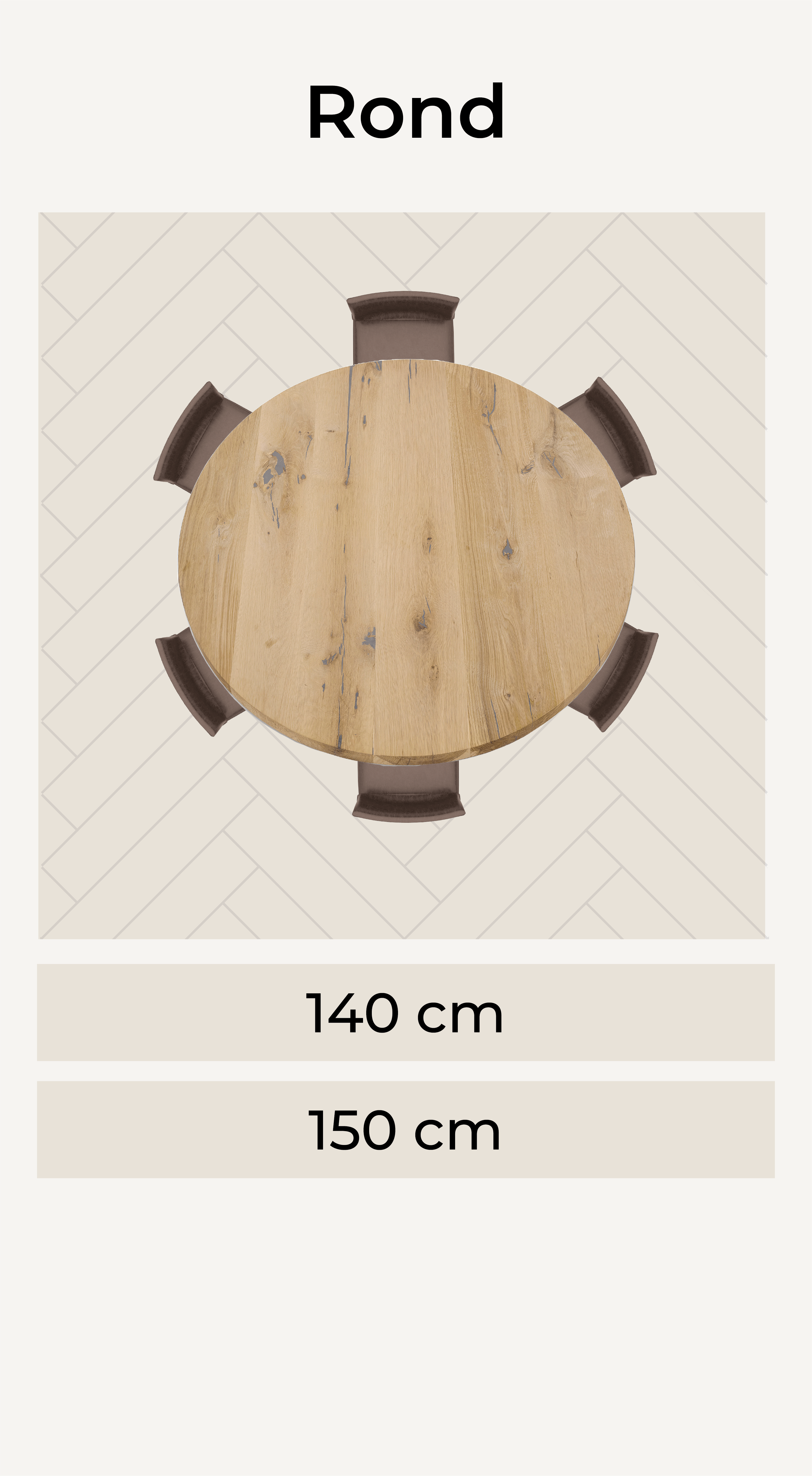 Visuele weergave ronde eettafel 6 personen met afmetingen eronder van De Vloerenfabriek