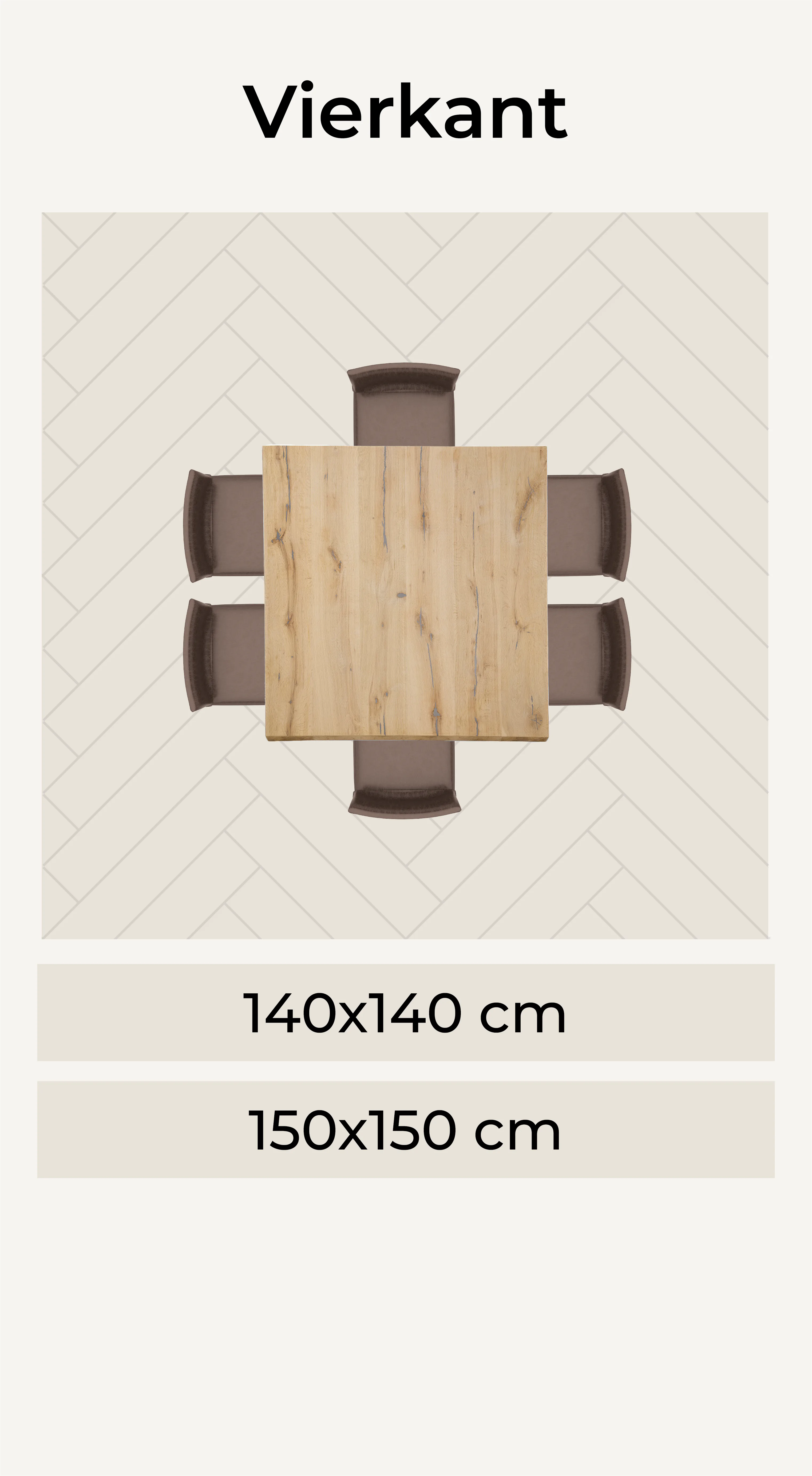 Visuele weergave vierkante eettafel 6 personen met afmetingen eronder van De Vloerenfabriek